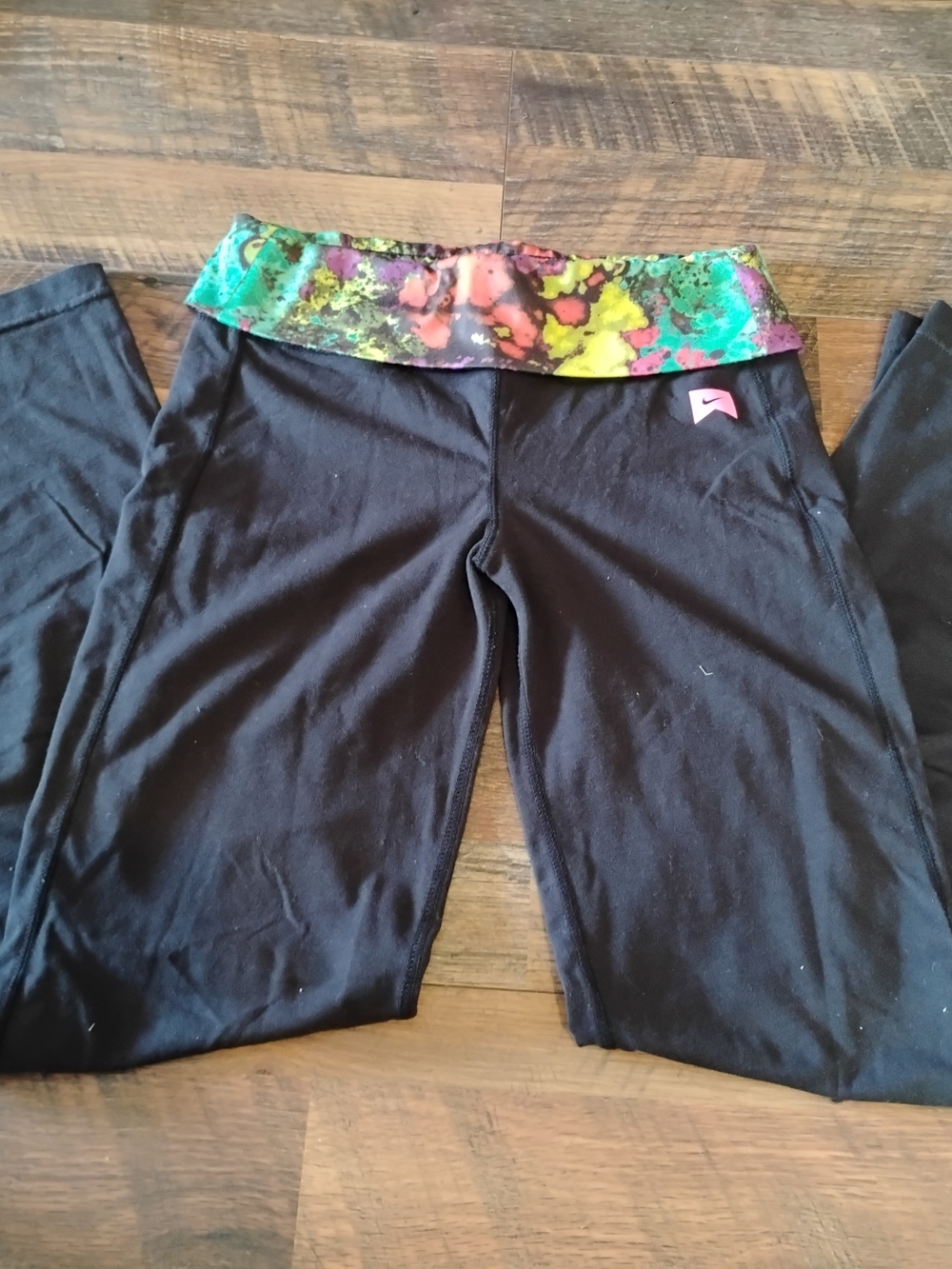 Nike Girls Black Leggings with Multicolor Fold-Over Waistband